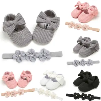 

Toddler Girl Crib Shoes Baby Bowknot Soft Sole Prewalker Dress Shoes + Headband