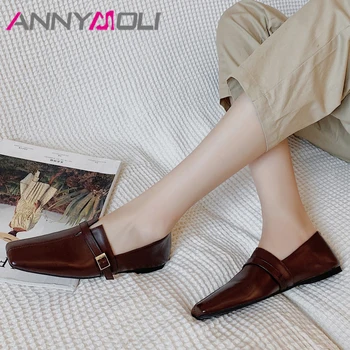 

ANNYMOLI Woman Shoes Natural Genuine Leather Flats Loafers Buckle Square Toe Female Footwear Buckle Flat Shoes Lady Black Brown