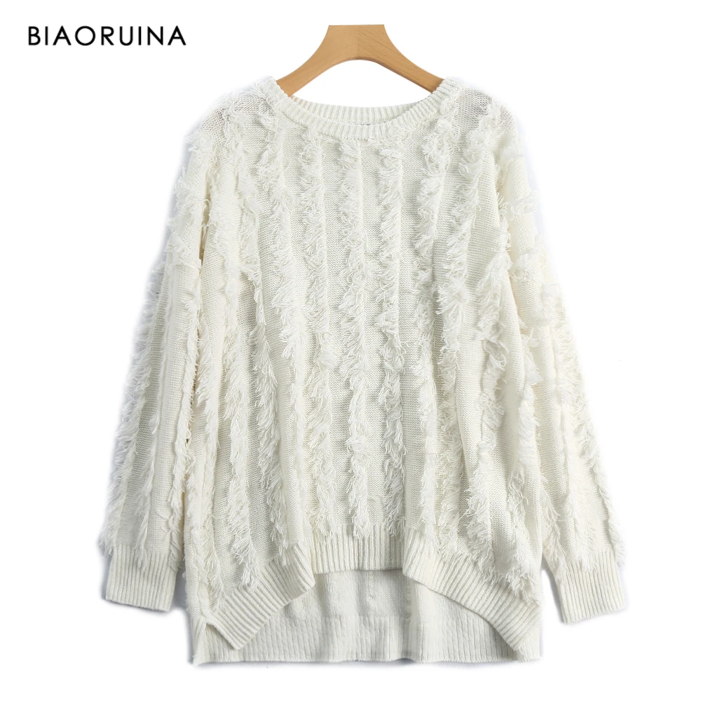 Koop BIAORUINA vrouwen Effen Kleur Mode Gebreide Trui met Kwasten Ronde Kraag Casual Loose All Match Pulllover Nieuwe Collectie