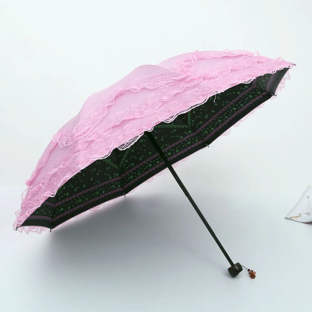 pink Кружевной женский зонтик от дождя, защита от солнца, mujer, черный зонтик, три складных зонта принцессы, УФ-защита, украшение, свадебные принадлежности - Color: pink