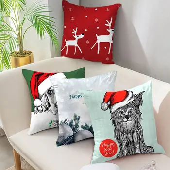 

Nanacoba Christmas Cushion Cover Colorful Stamping Animals Deer Snow Pillow Covers Home Sofa Decorative Short Plush Pillowcases