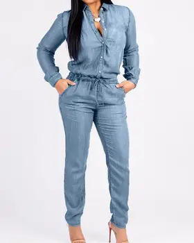 

Denim Long Sleeve Pocket Drawstring Jumpsuit