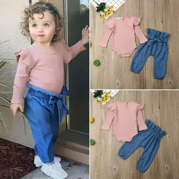 

CANIS Autumn Toddler Baby Girl Outfit Clothes Long Sleeve Fly Sleeve Solid Color T-Shirt Tops Romper Pants 2PCS Set