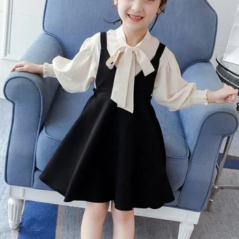 

Smartbabyme Children's Set Shirt Suspender Skirt Two-Piece Girls Cotton Cute Sweet Literary Blouse Solid Color Strap Dress