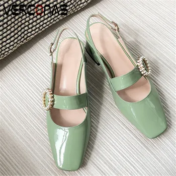 

VERCONAS 2020 Woman Sandals Woman Pumps Classic Design Genuine Leather Pearl Decoration Square Toe Square Heeled Shoes Woman