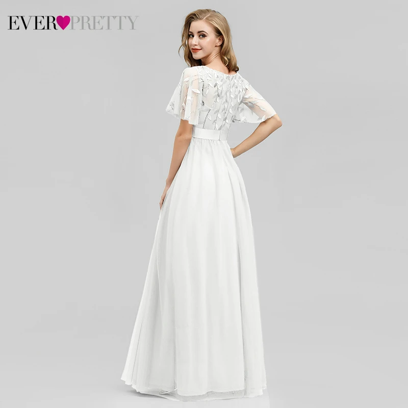 White Beach Wedding Dresses Ever Pretty EP00904 A-Line Ruffles Sleeve O-Neck Sequined Lace Bride Gowns Robe De Mariee Brillante