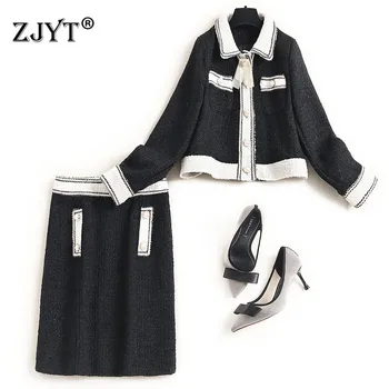 

High Quality Winter Runway Suit Women Fashion Long Sleeve Color Block Tweed Woolen Jacket and Skirt 2 Piece Set Lady Work Outfit