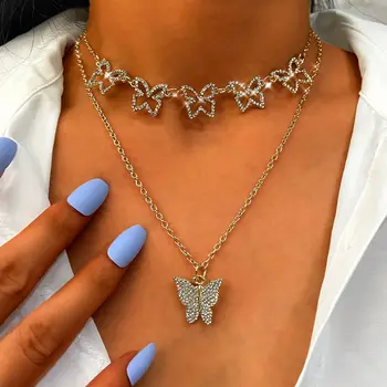 

Flatfoosie New Fashion Hollow Butterfly Choker Necklace Women Gold Silver Color Multilayer Crystal Butterfly Necklace Jewelry