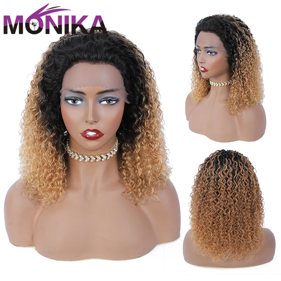 Monika Peruvian Non-Remy Natural Black Ombre Blonde Color Part Lace Deep Curly Human Hair Wigs For Women Free Shipping