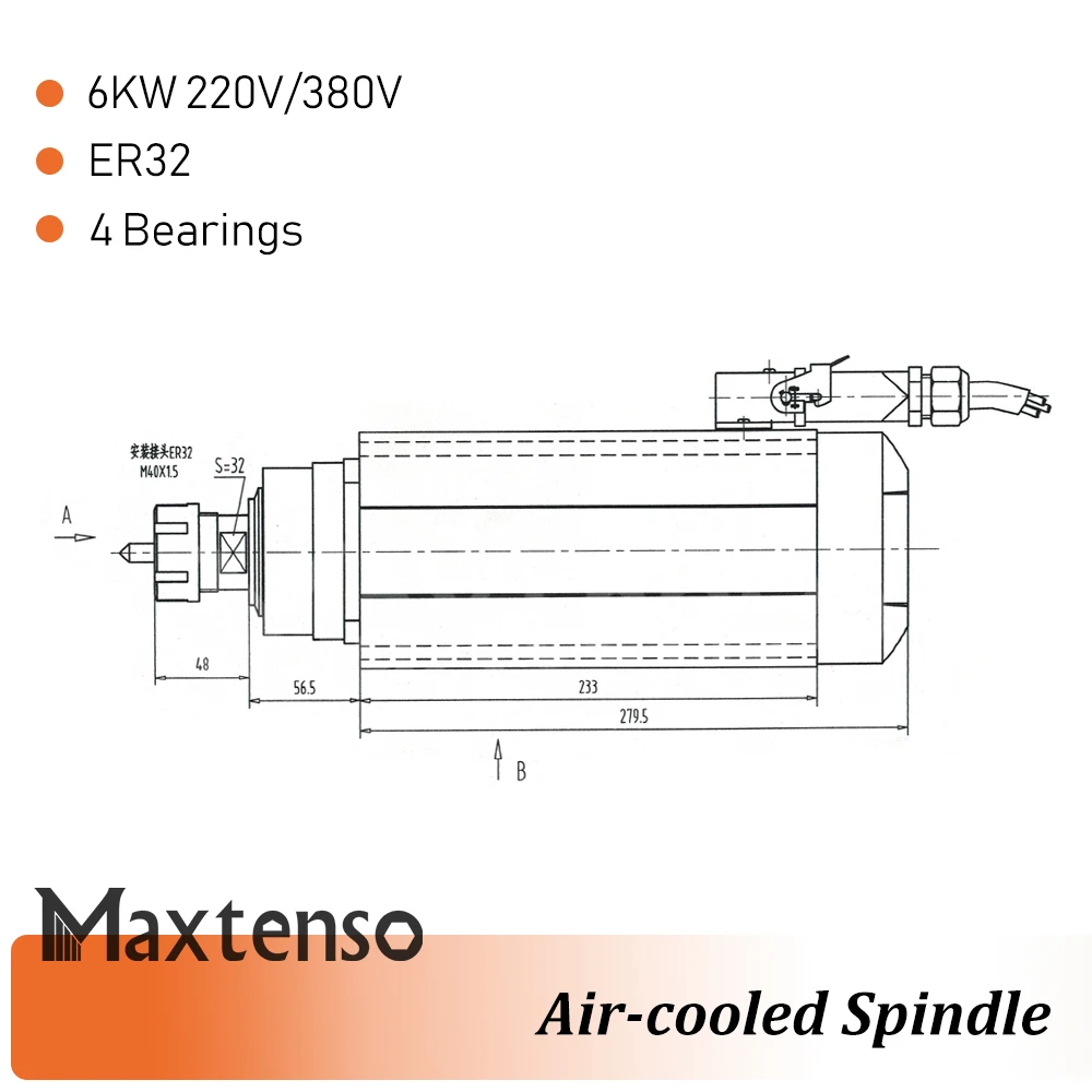 MAXTENSO 6kw 220V 380V Air Cooled Spindle Motor ER32 collect 4pcs Ceramic Ball Bearings for CNC milling machine GDZ120*103-6
