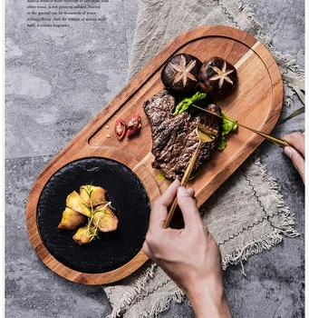 

American real wood pizza plate wooden pallets Black slate plate Acacia bread board Japanese dishes for Western food plate set
