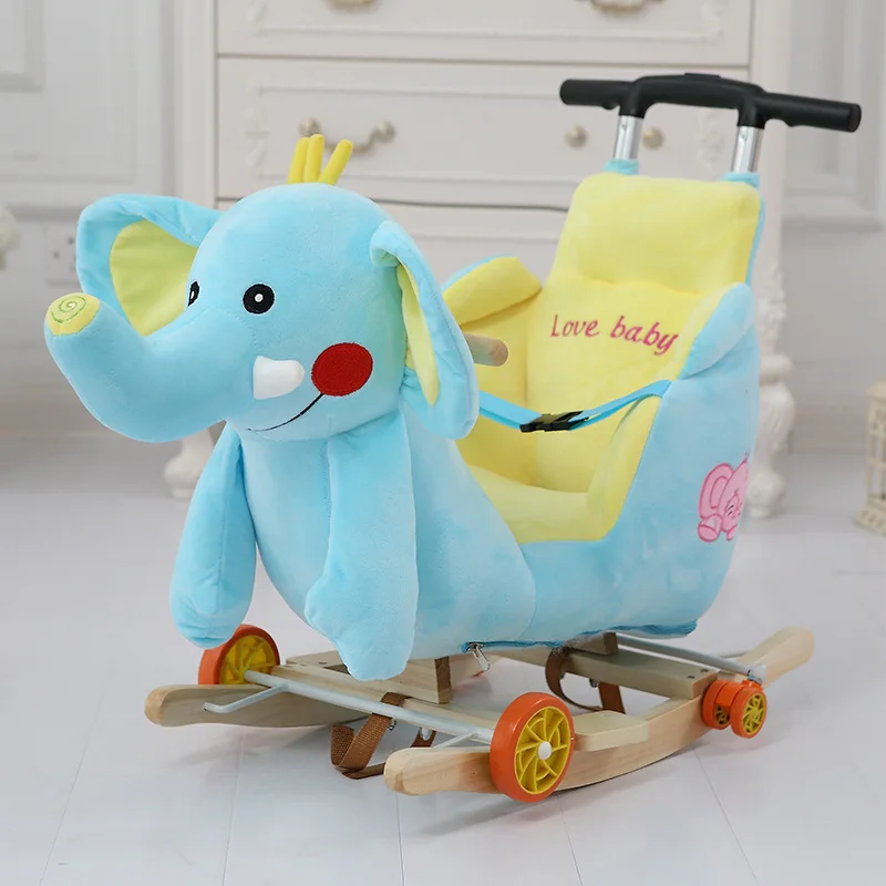 US $105.43 Multifunction Woodenampplush animal Unicorn Elephant Mickey Rocking Horse Trojan toy Rocking Chair baby carriage Child trolley