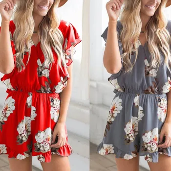 

Women V-neck Jumpsuit Printing Chiffon High Waist Flouncing Sleeveless Playsuit