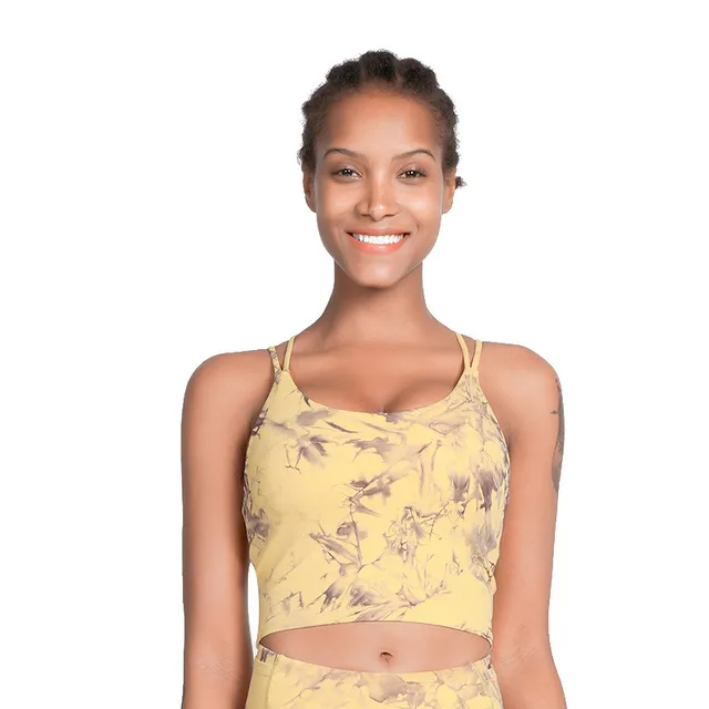 High Impact Women Sports Bras Top Yoga Vest Gym Fitness Clothing Antibacterial Cross Beauty Back Printing Tie-dye With Chest Pad Orlando Yellow