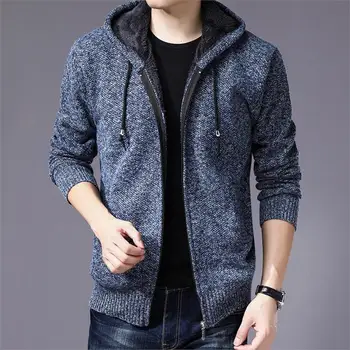 

Thickened Plus Velvet Baseball Collar Jacket Men Knit Sweater Zip Cardigan Streetwear Autumn Winter Casual Clothes Mens Coat