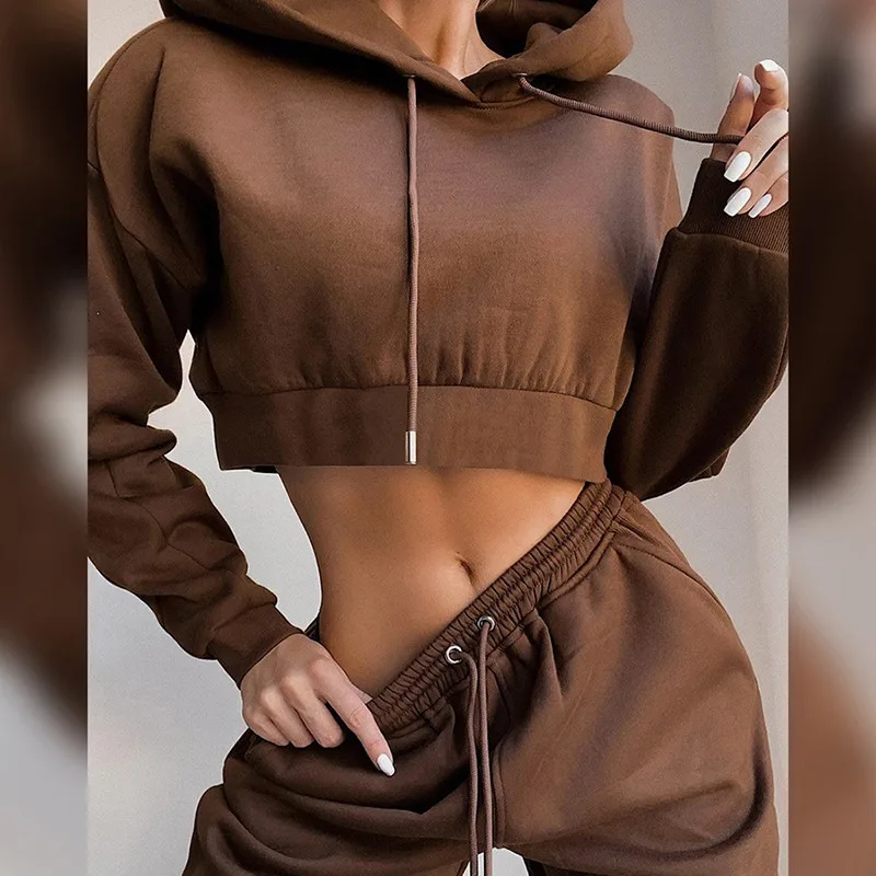 women's warm up suits 2021 Fashion Soft Cotton Women's Sports Sets New Hoodies Tie Up Female Crop Tops Autumn High Waist Sweatpants Two Pieces Suits womens black suit set