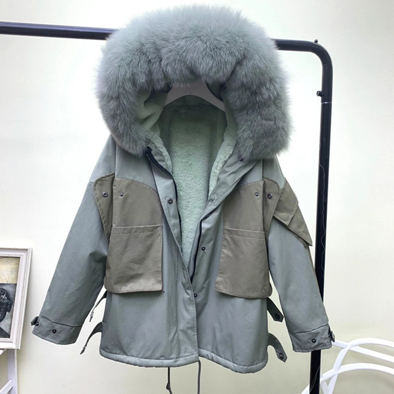 Толстые теплые Новые Шуба из натурального меха зимняя куртка Женская куртка-парка теплые зимние ботинки на натуральном длинном лисьем меховой капюшон, воротник на меху джинсовая куртка, верхняя одежда H32