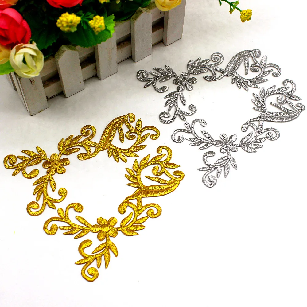 Iron On Flower Trims Gold Embroidery Patches Mirror Pair Appliques For Cosplay Costumes Dress 12.8cm-6.5cm 2 Pcs