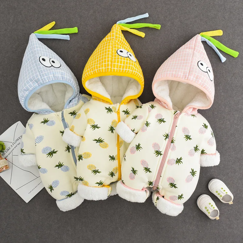 Зимняя одежда для малышей; Толстый милый комбинезон с капюшоном для новорожденных мальчиков и девочек; бархатные комбинезоны с изображением ананаса