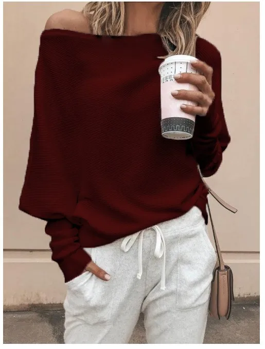 Женский свитер, осенняя мода, повседневные свободные одноцветные пуловеры на одно плечо, вязаный свитер для девушек с вырезом лодочкой, сексуальные топы размера плюс - Цвет: Красный