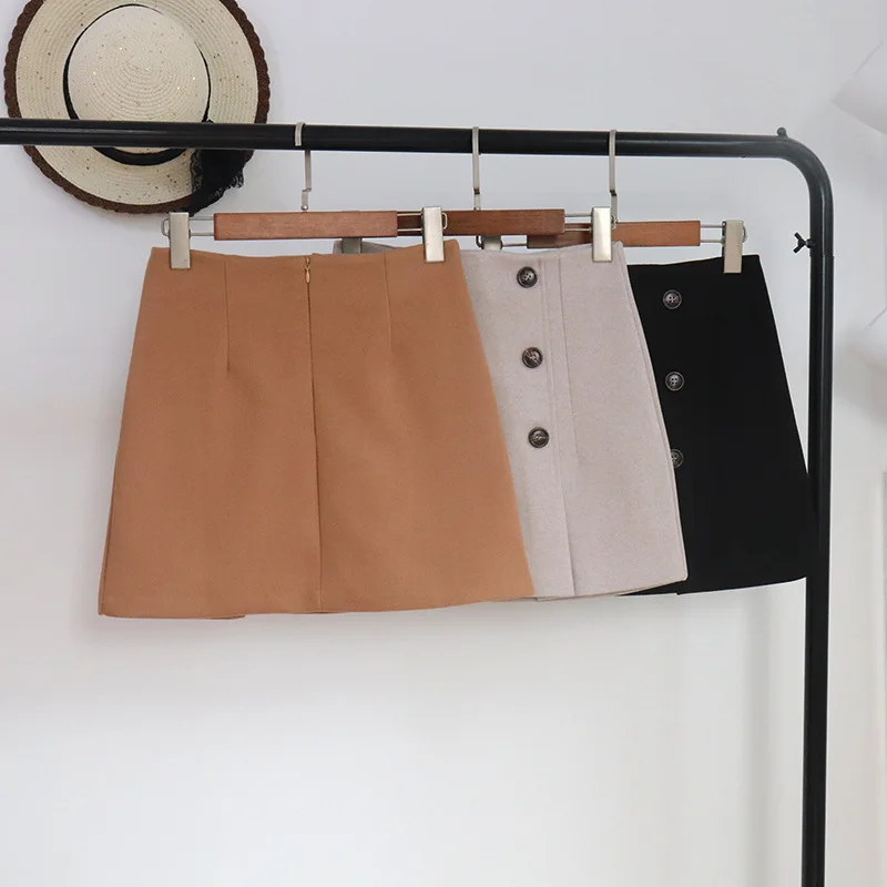 

[Attachment] Double Breasted High-waisted Sheath Small Short Skirt Autumn And Winter Versatile Thick Solid Color Woolen A- line