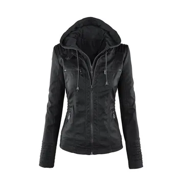 

Women Slim Motorcycle Jackets 2020 Autumn Casual Ladies Zipper Hooded Short PU Leather Coats XS-7XL Plus Size Female Jackets