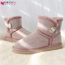 G и zacoбыл Роскошные сапоги Для женщин Стразы из натуральной кожи ботинки из овечьей кожи с овечьим мехом; шерстяные ботинки для снежной погоды на плоской подошве; милые женские ботинки