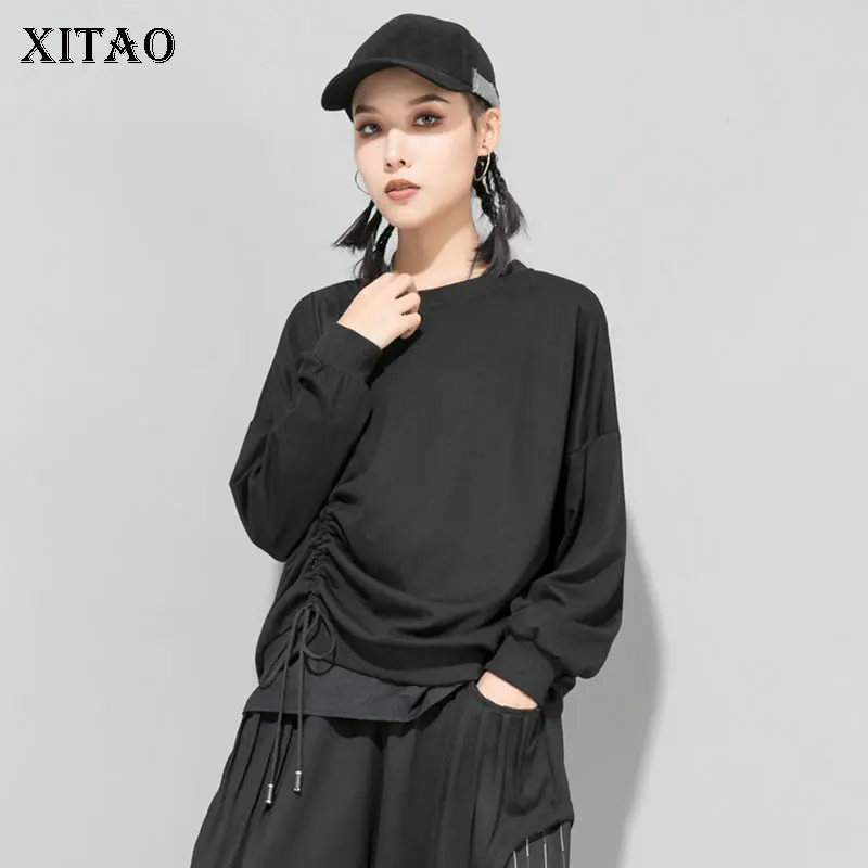 XITAO/плиссированная футболка на шнурке, женская модная новинка, осенняя Футболка с рукавами «летучая мышь» и бантом, элегантная повседневная футболка из двух предметов, GCC2315
