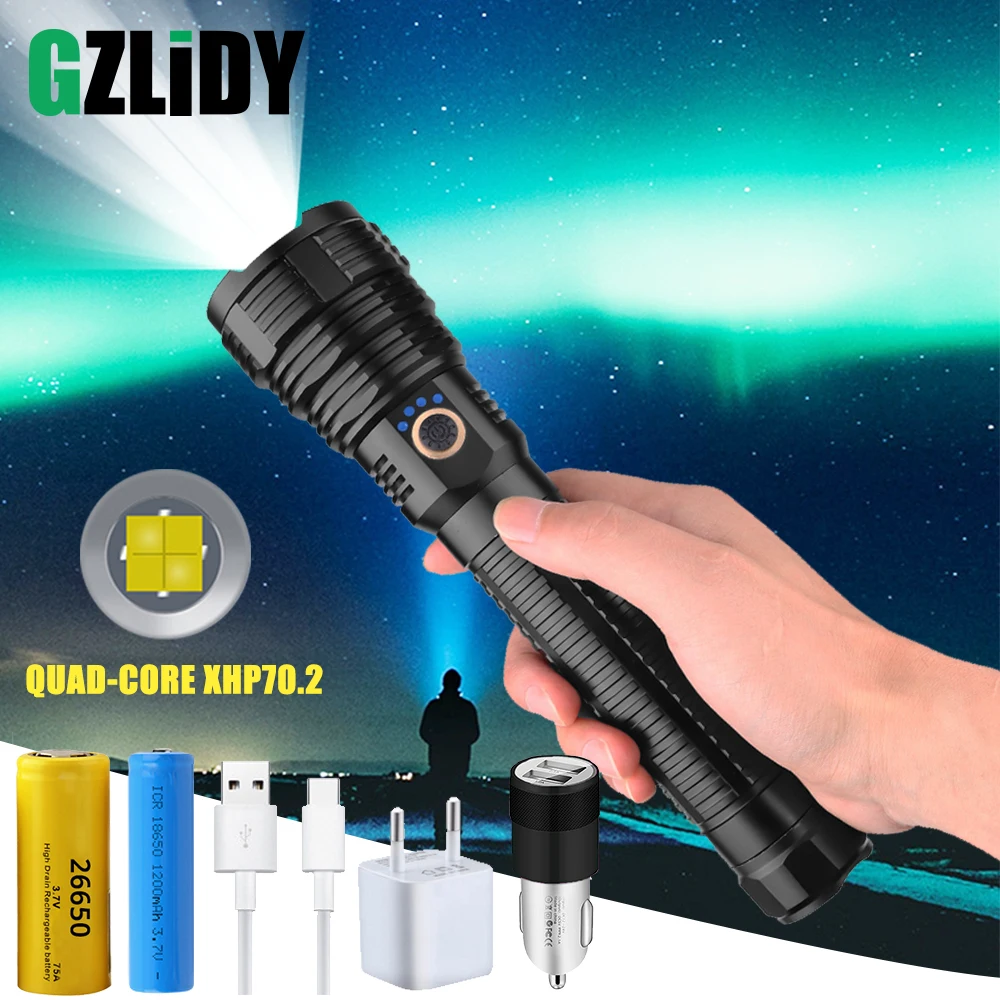 

Powerful XHP70.2 LED Flashlight USB Rechargeable Waterproof Tactical Torch with Power Display Telescopic Zoom Outdoor Light