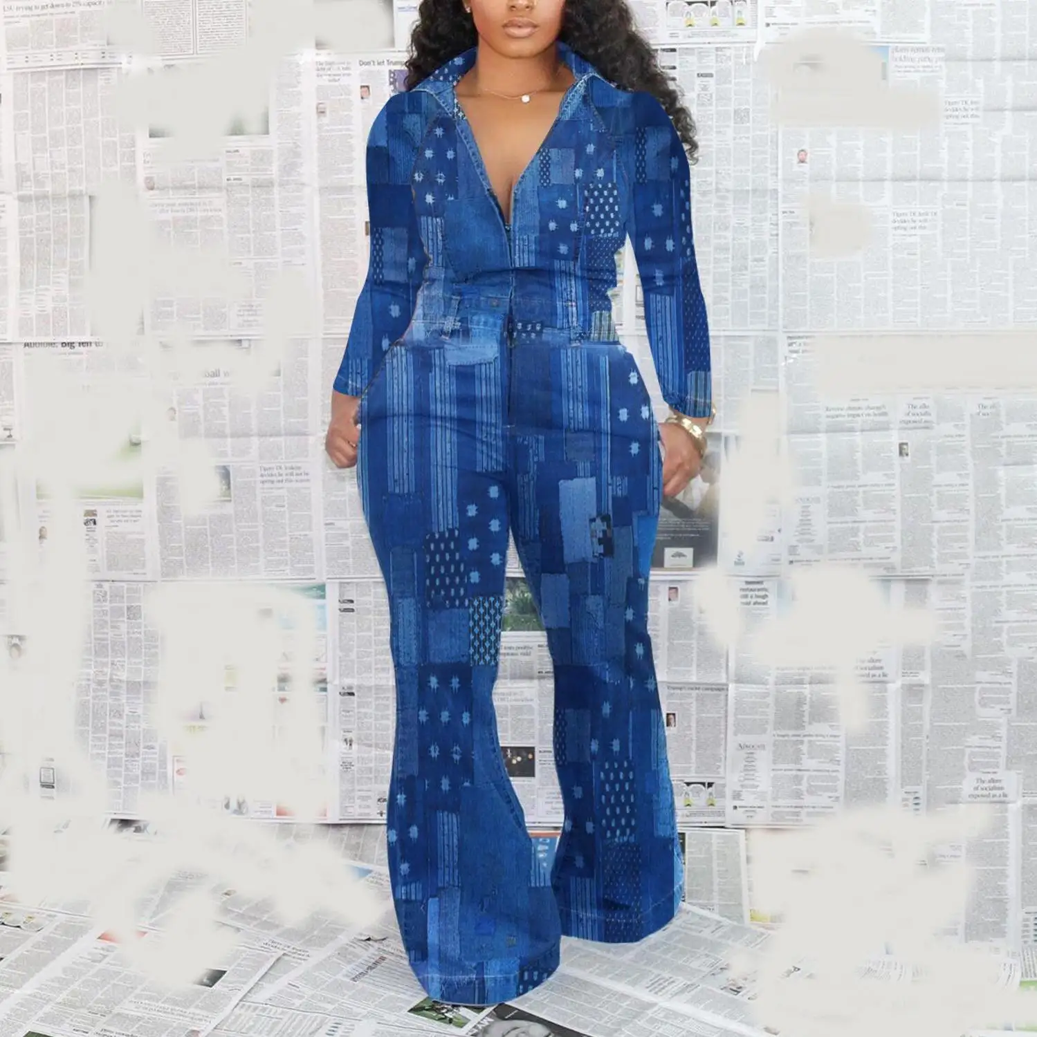 

Big Size Jumpsuits For Women 2020 New Autumn Long Sleeve Deep V Neck High Waist Flare Pants Elegant For Work Office Rompers Hot