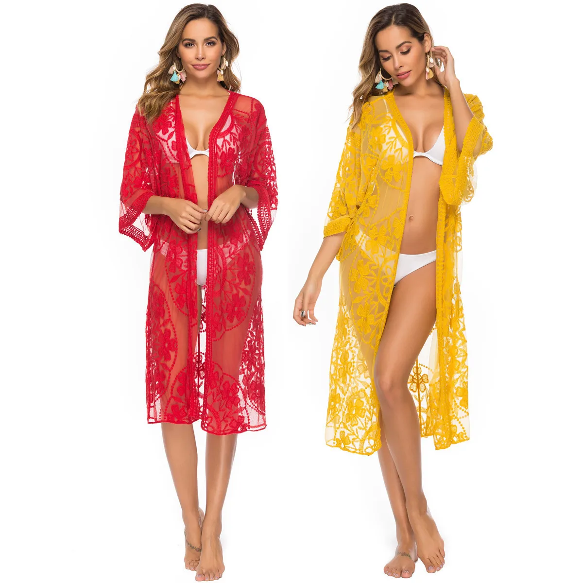 bathing suit with matching cover up Women Summer Lace Beach Bikini Chiffon Cover Ups Holiday Cardigan Wrap Long Blouse bathing suit coverups
