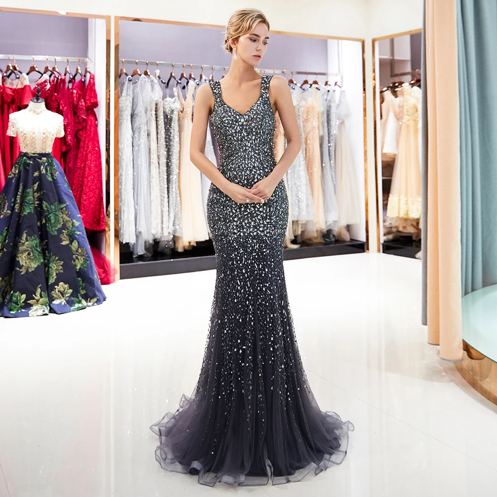 Robe De Soiree New Arrivals Long Evening Dresses Beading Crystal Vestidos De Fiesta Prom Dresses Real Photos CPS1176