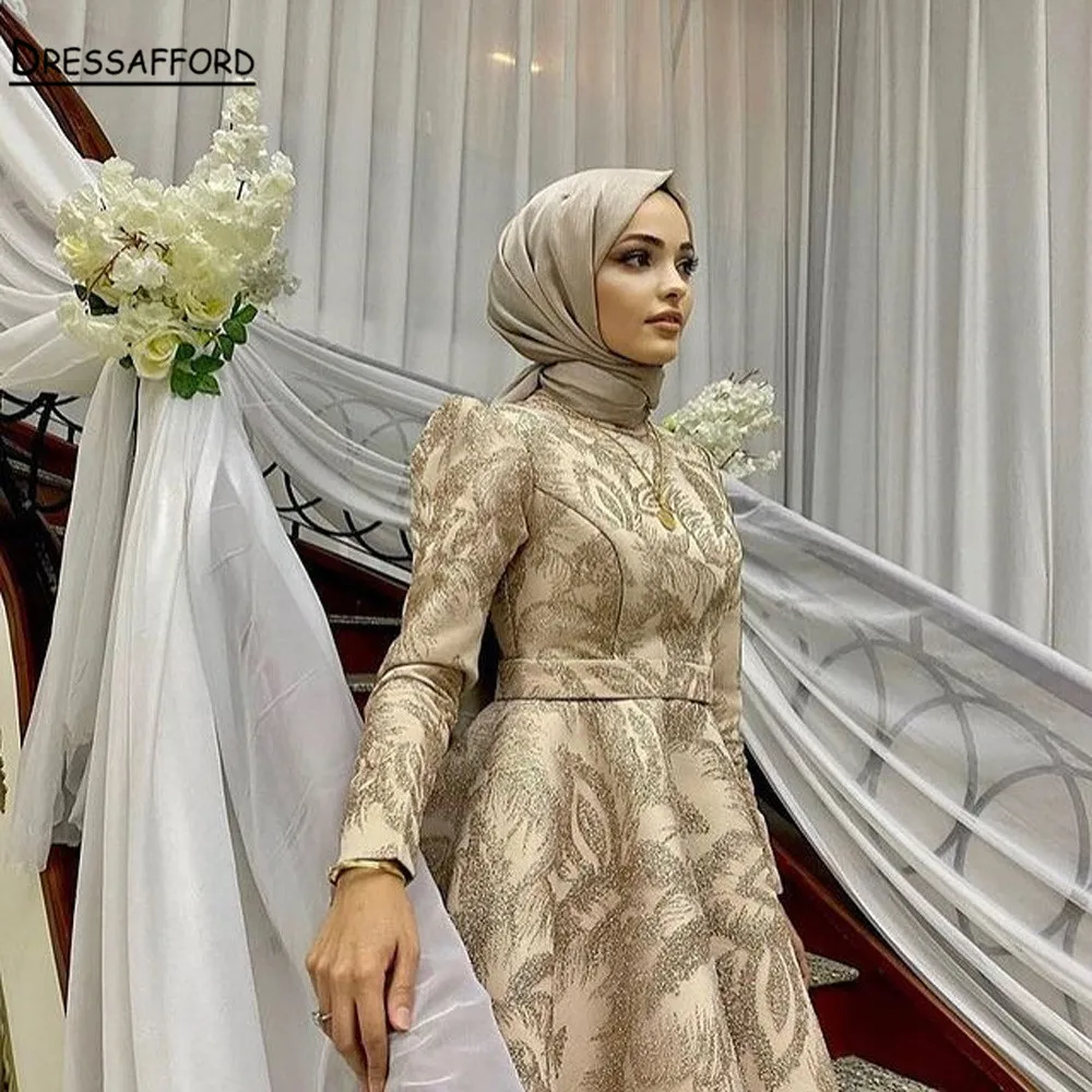 Muslim Gold  High Neck Luxury Prom Dresses 2022 A-Line Design Crystal Long Sleeves Prom Gowns long prom dresses