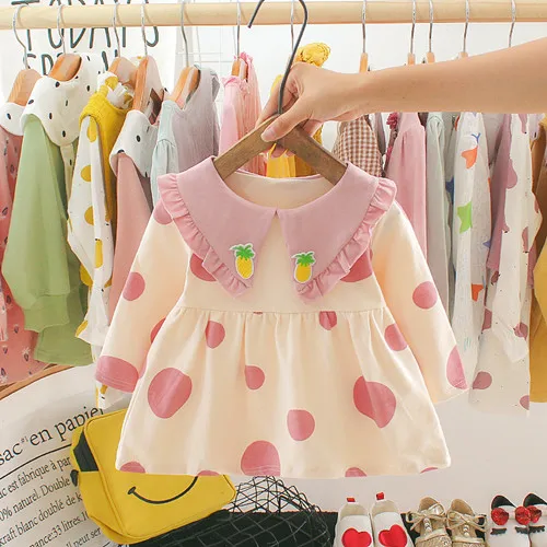 BDG071 Casual Autumn Spring Long Sleeve Baby Girl Clothes Princess Dress Pink/Green Dot Baptism Birthday Dress Infant Kids Clothing - Цвет: BDG071