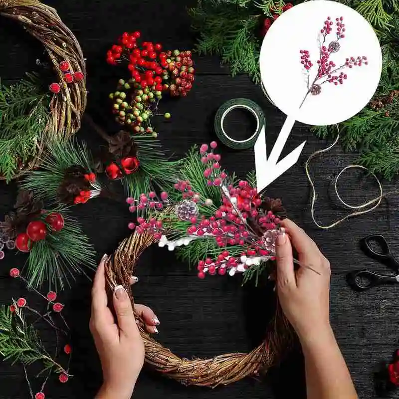 Pinecone ягоды чулки с цветами Рождество Моделирование красная сосновая ветка свадьбы фестиваль украшения искусственные цветы