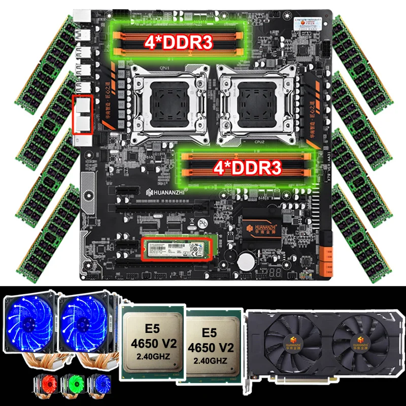 #Special Offers Brand HUANANZHI dual X79 motherboard with 256G SSD dual CPU Xeon E5 4650 V2 with coolers RAM 128G(8*16G) video card GTX1660TI 6G