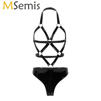 

MSemis Women Body Cage Backless Open Breast Zipper Crotch High Cut Thong Leotard Bodysuit Sexy Gothic Harness Lingerie Dancewear
