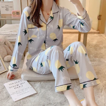 

2020Girl Summer Spring Autumn Milk Silk Long Sleeved Korean Version Cartoon Little Yellow Duck Pajamas for Women Pajama Set