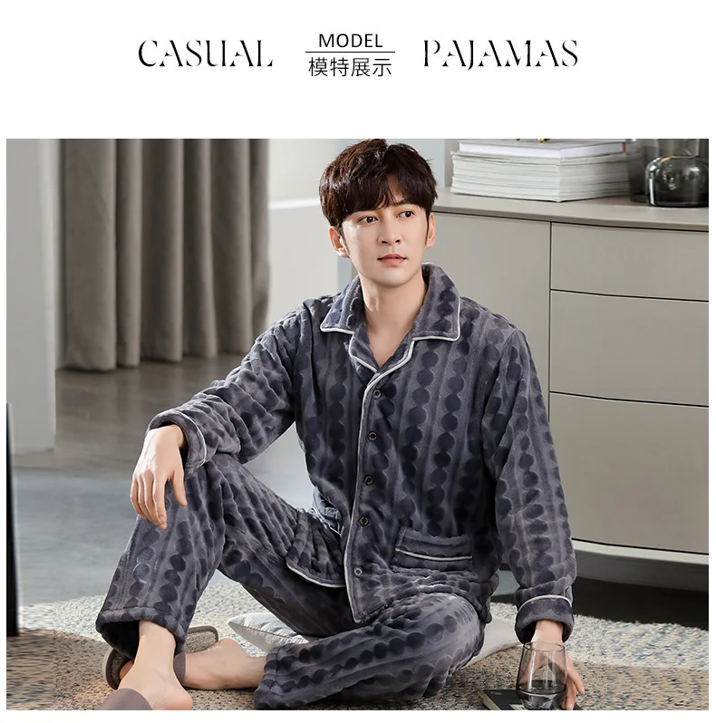 mens pjs set Winter Pajamas Men Thick Coral Fleece Pajama Sets Keep Warm Sleepwear Flannel Mens Pyjama Sets Casual Home Clothes Pijama L-3XL men's pajama sets