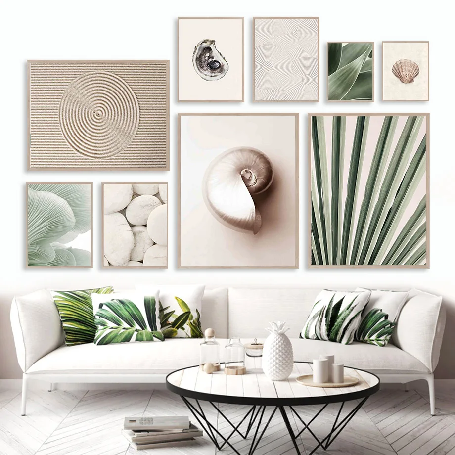 Shells Snails Mushrooms Stone Palm Leaves Wall Art Canvas Painting ...