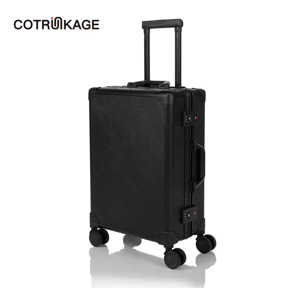 

COTRUNKAGE Men Black Vintage Luggage Trolley Case Aluminum Frame Travel Luggage TSA Lock Hardsided Suitcase for Women