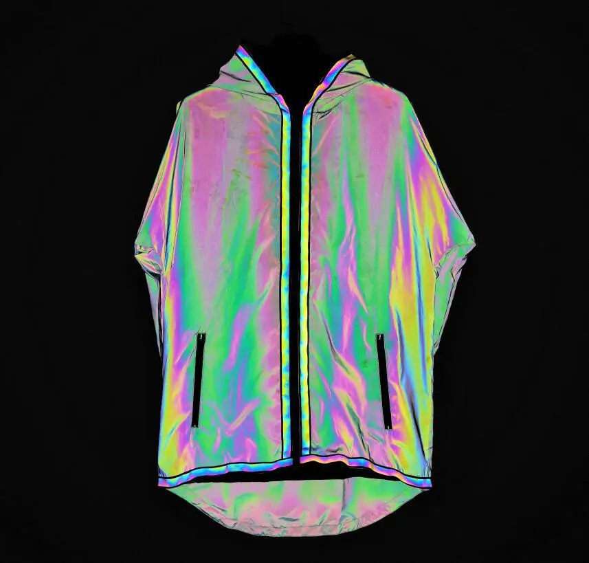 

Europe And America Mid-length Colorful Reflective Hooded Jacket Irregular Tailor Colorful Webbing Joint Coat Large Size Loose-Fi