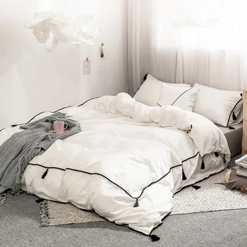

2/3pc Cotton Bedding Sets with Tassel Decor US Twin Double Queen Size Duvet Cover Pillowcase Bedroom Decor Home Textile