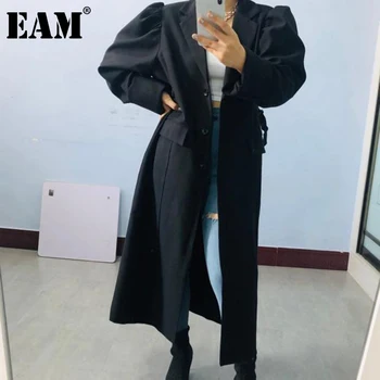 

[EAM] Women Black Big Size Long Trench New Lapel Long Puff Sleeve Loose Fit Windbreaker Fashion Tide Spring Autumn 2020 1DA282