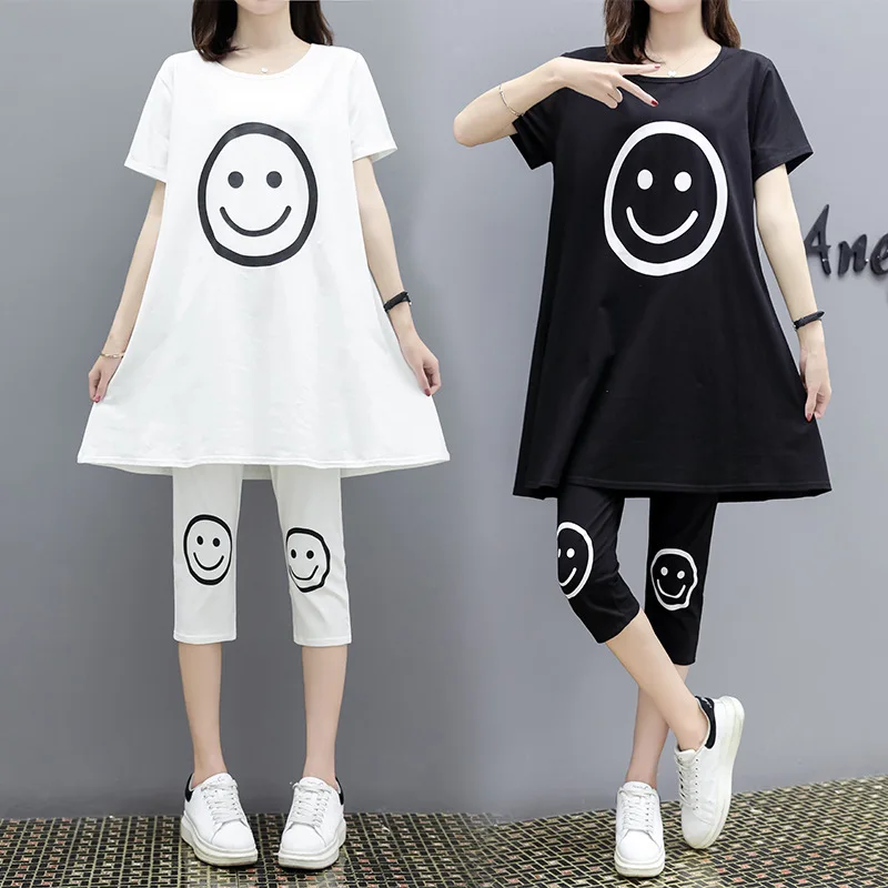 

Summer Wear Korean-style Maternity Clothes Loose-Fit Smiley Pattern Printed Mid-length Large Size Tops Maternity Pants Two-Piece