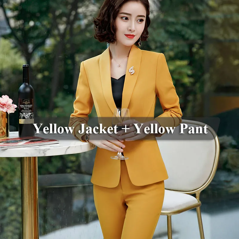 Yellow Pant Suits Комплект из 2 предметов, строгий брючный костюм с шалевым воротником, Офисная форма для женщин, деловые костюмы, рабочая одежда - Цвет: Yellow Pant Suits