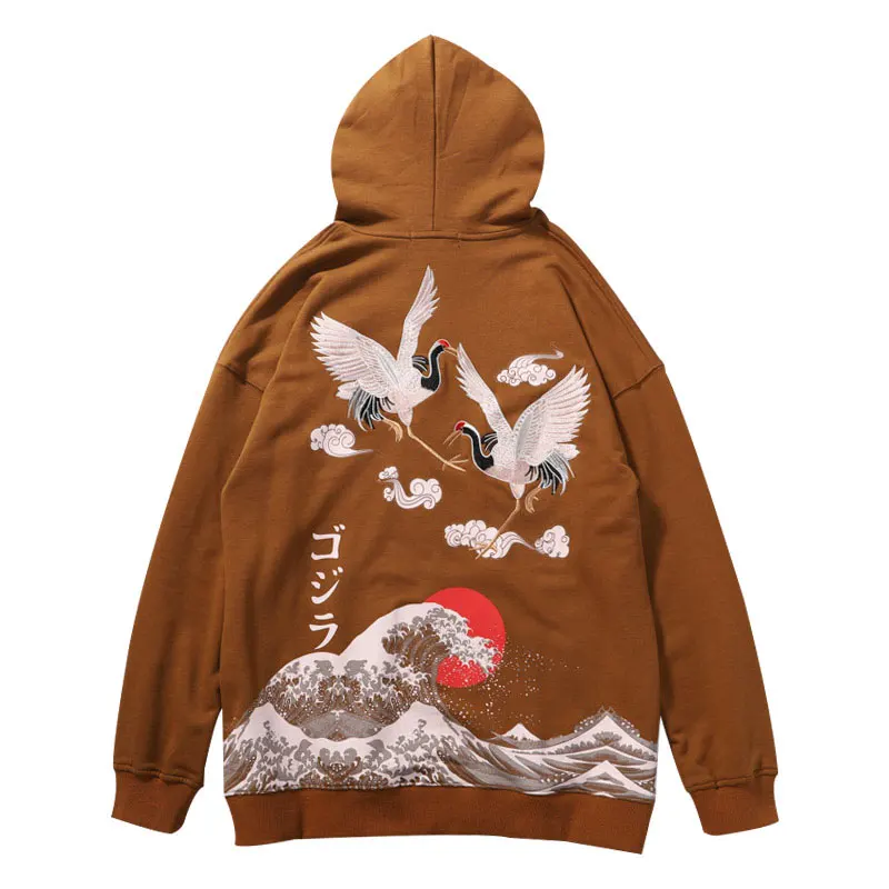 Brown Японский стиль вышивка Кран Kanagawa Surf Crane толстовки для мужчин/женщин хип хоп Повседневная Уличная Harajuku толстовки с капюшоном - Цвет: Brown