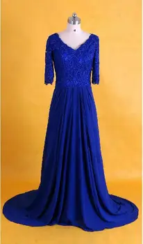 

half sleeves blue chiffon v-neck evening Formal prom gowns 2018 vestido de festa beach floor-length Mother of the Bride Dresses