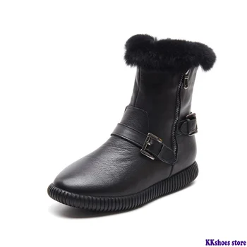 

Genuine Leather Boots Women Flat Shoes 2020 Winter Fashion Buckle Plush Warm Snow Boots For Woman Black White Shoes Ladies Boot