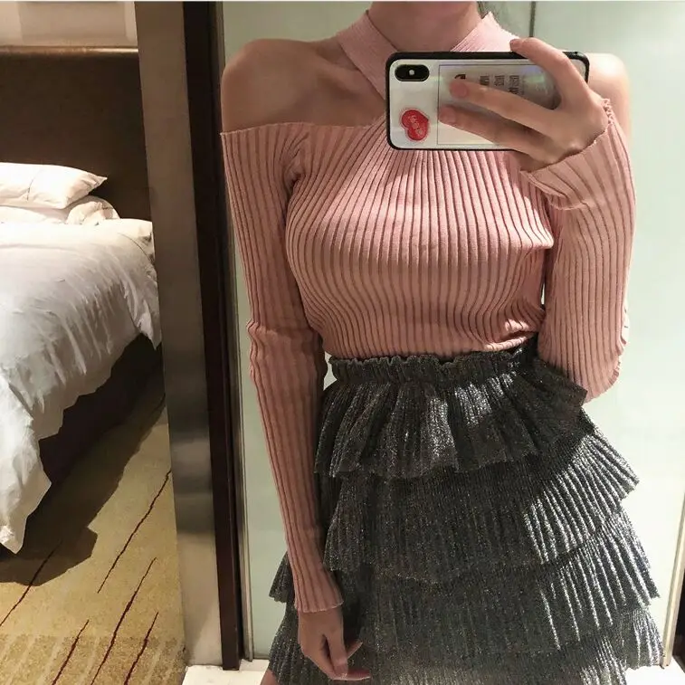 Pink Женские однотонные свитера с длинными рукавами, пуловеры для девочек, топы с открытыми плечами, мягкий пуловер, свитер для женщин на осень, DX5220 - Цвет: Pink